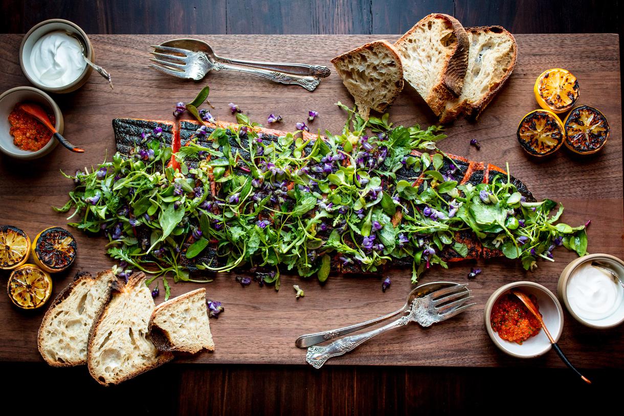 Seasonal greens are grown on the restaurant's on-site culinary garden and served to patrons.