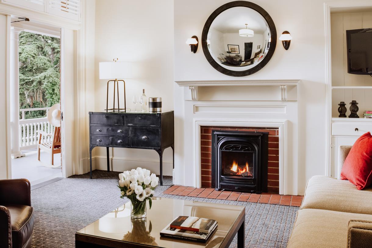 The inn's 17 suites feature a fireplace, outdoor seating area, and cozy living room.