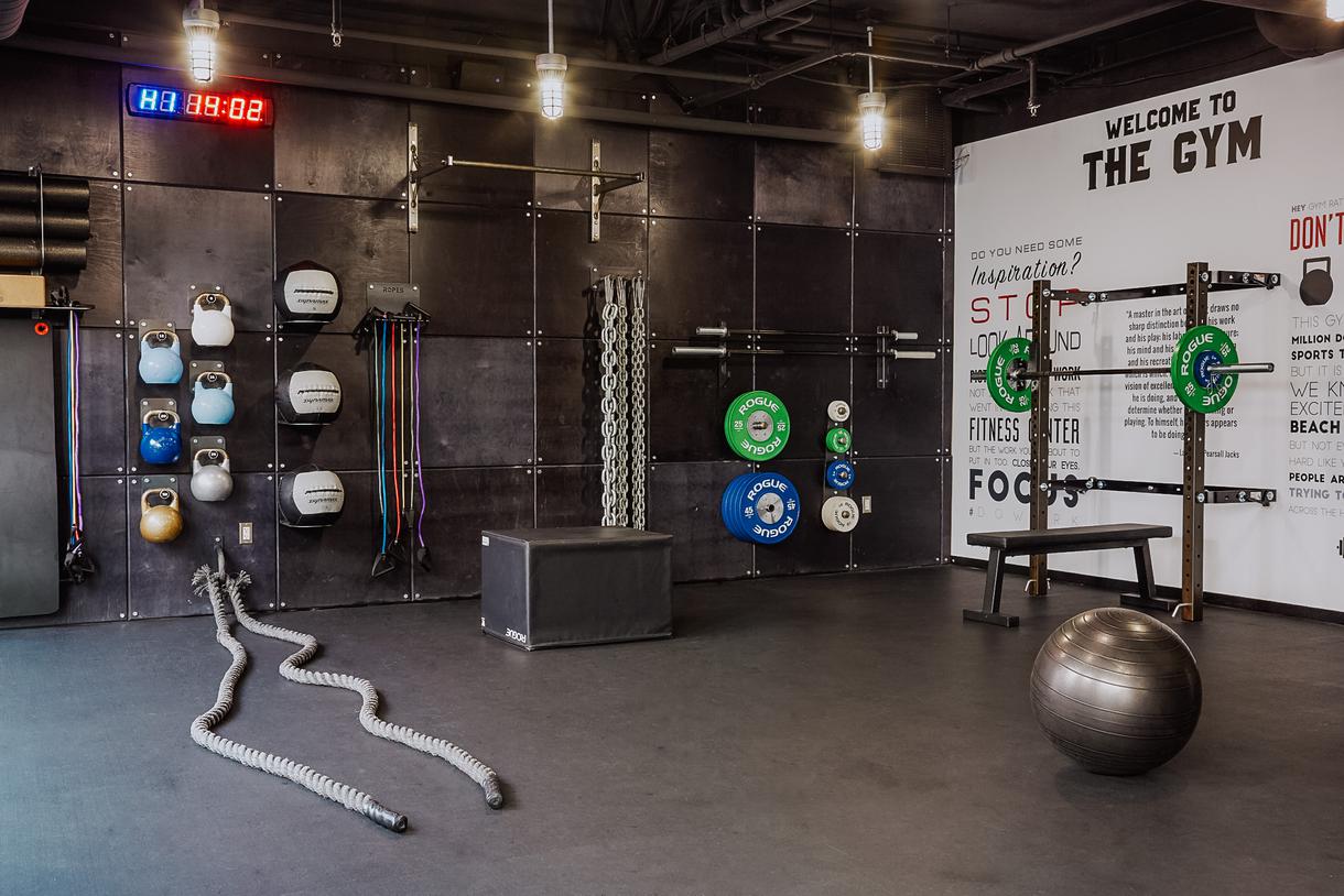 Open 24/7, the on-site gym provides exercise equipment, medicine balls, and jump ropes.